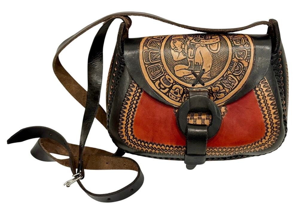 Vintage Leather Crossbody Bag Handmade in Mexico - Red Beige Black - Mint Cond!